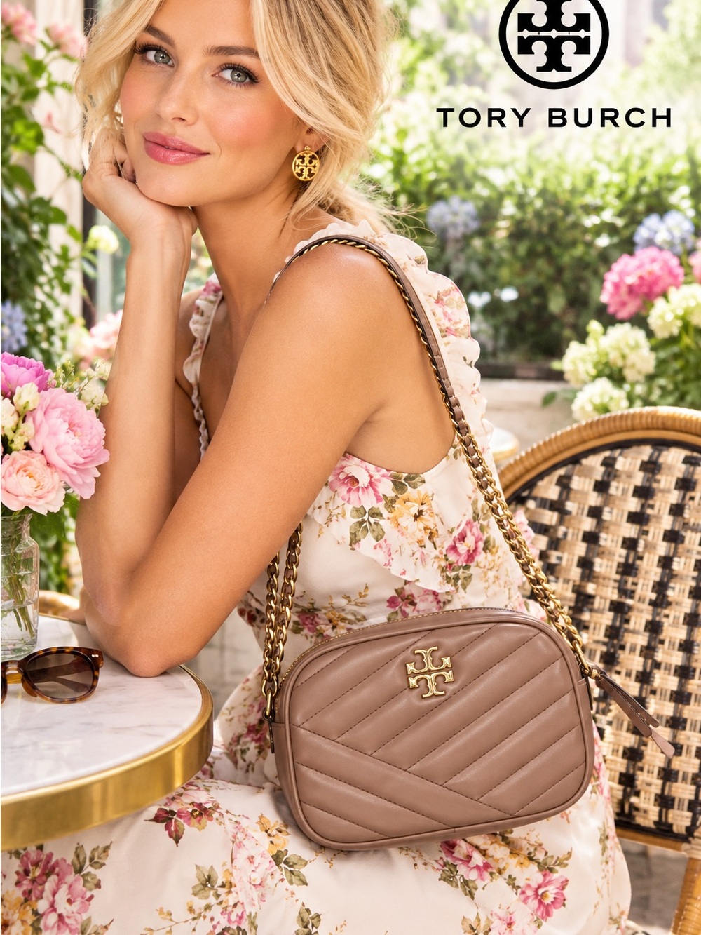 Like New ~Tory Burch Quilted Kira Chevron Crossbody Bag in Taupe W/Gold Hardware